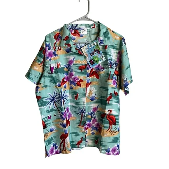 Hawaiian Green and Red Notched Collar Button Down Shirt - Picture 2 of 9